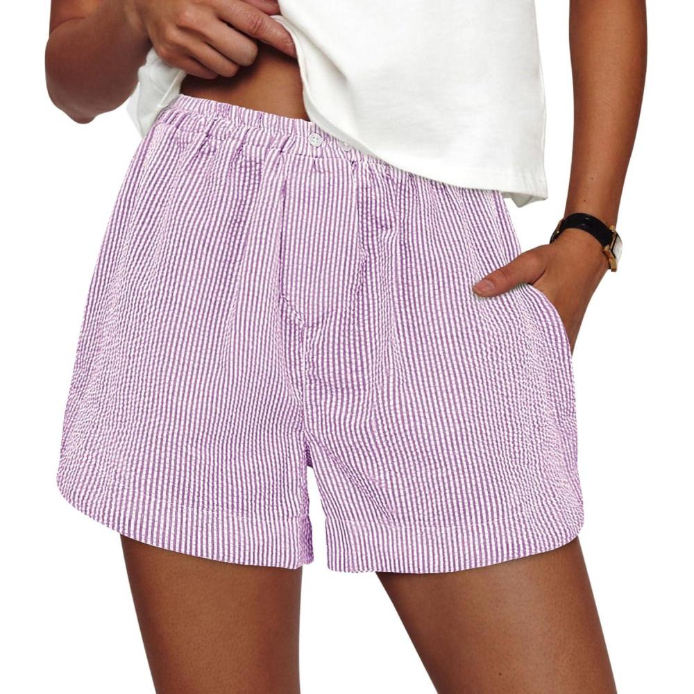 imagePRETTYGARDEN Womens Striped Boxer Shorts Summer 2026 Trendy Casual Elastic Waist Lounge Sleep Pajama Bottoms Beach ShortsStriped Purple White