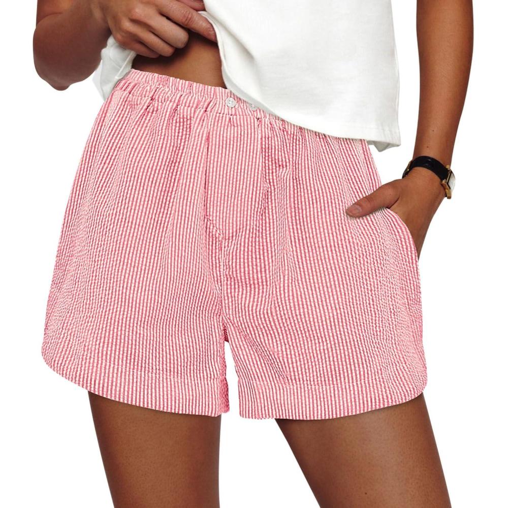 imagePRETTYGARDEN Womens Striped Boxer Shorts Summer 2026 Trendy Casual Elastic Waist Lounge Sleep Pajama Bottoms Beach ShortsStriped Red White