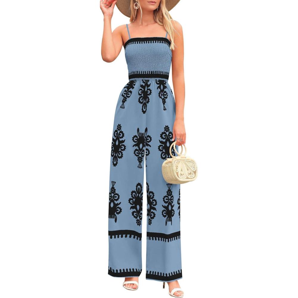 imagePRETTYGARDEN Womens Summer Boho Jumpsuits One Piece Beach Vacation Outfits Spaghetti Strap Wide Leg Pants RompersBlue Black Floral