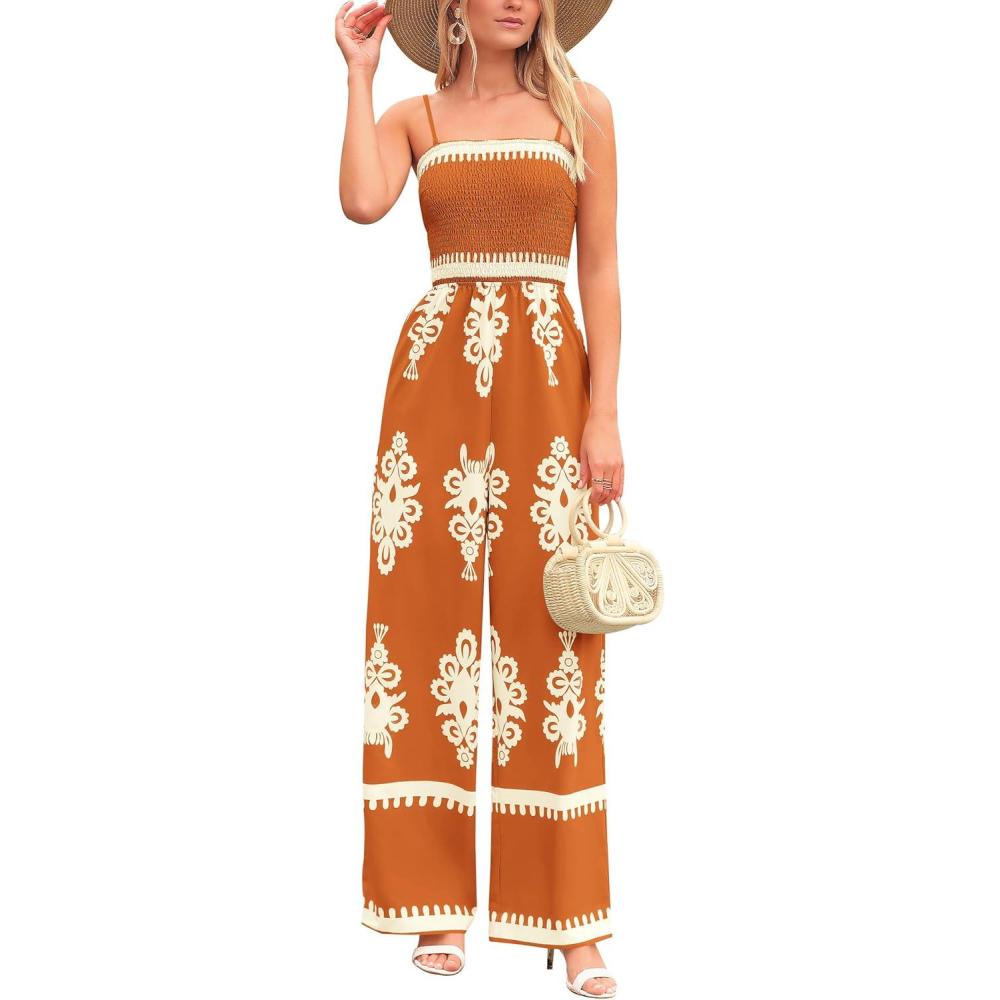 imagePRETTYGARDEN Womens Summer Boho Jumpsuits One Piece Beach Vacation Outfits Spaghetti Strap Wide Leg Pants RompersBrick Red