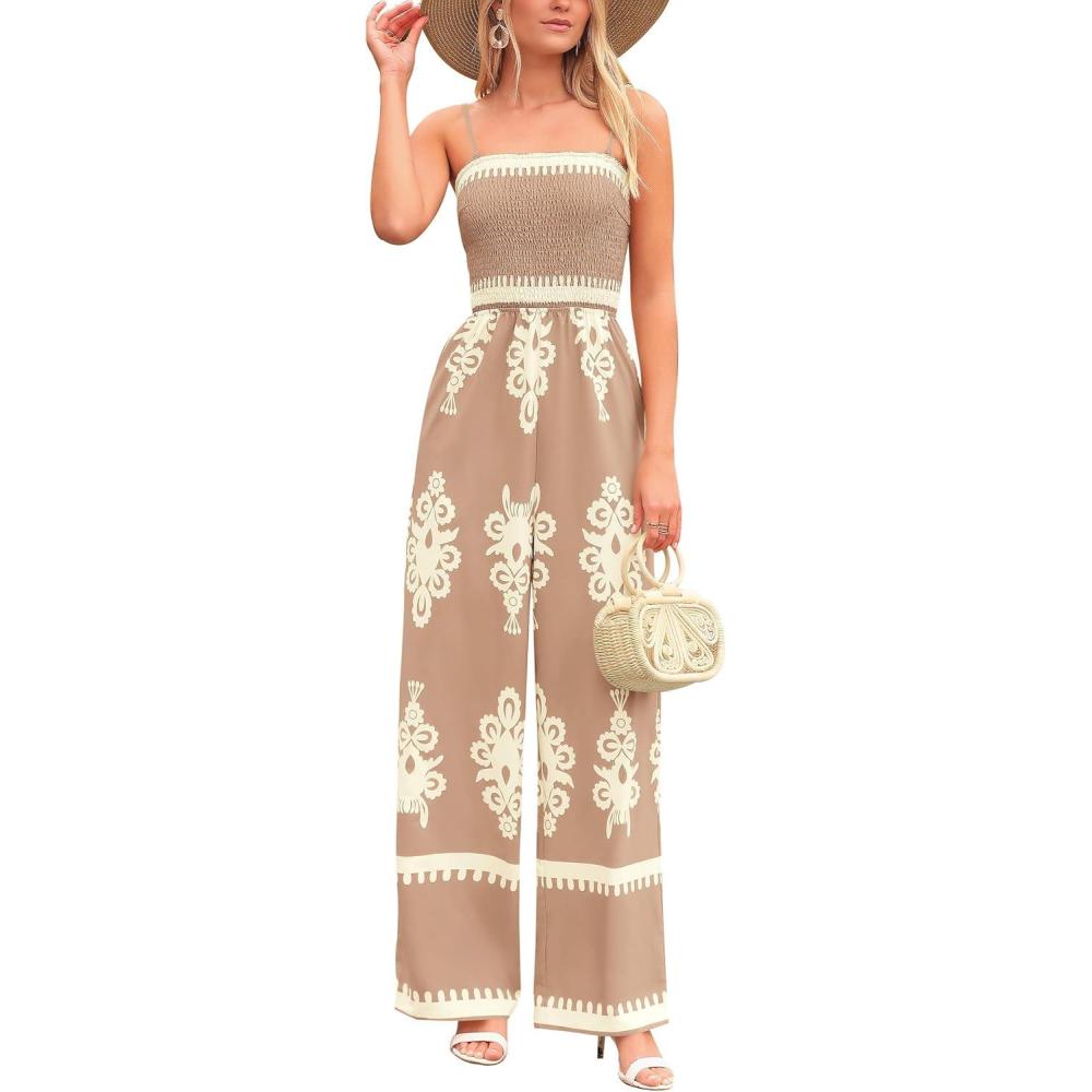 imagePRETTYGARDEN Womens Summer Boho Jumpsuits One Piece Beach Vacation Outfits Spaghetti Strap Wide Leg Pants RompersKhaki