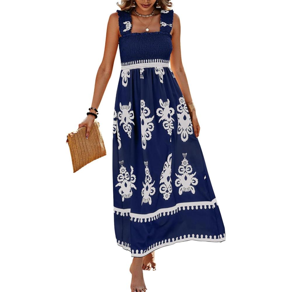 imagePRETTYGARDEN Womens Summer Boho Maxi Dress 2026 Casual Sleeveless Square Neck Floral Aline Smocked Beach Dresses with PocketsFloral Navy White