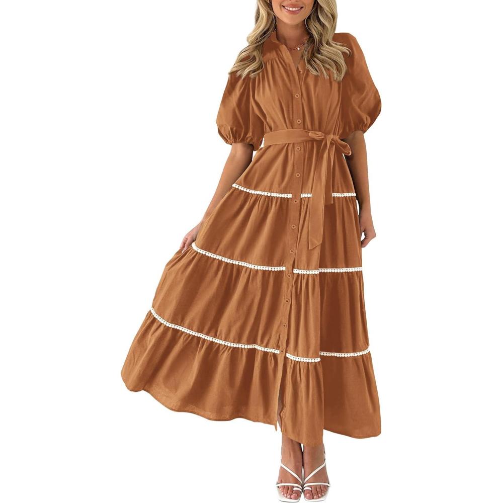 imagePRETTYGARDEN Womens Summer Button Down Shirt Dress Short Puffy Sleeve Tiered Ruffle Flowy Long Maxi DressesBrown