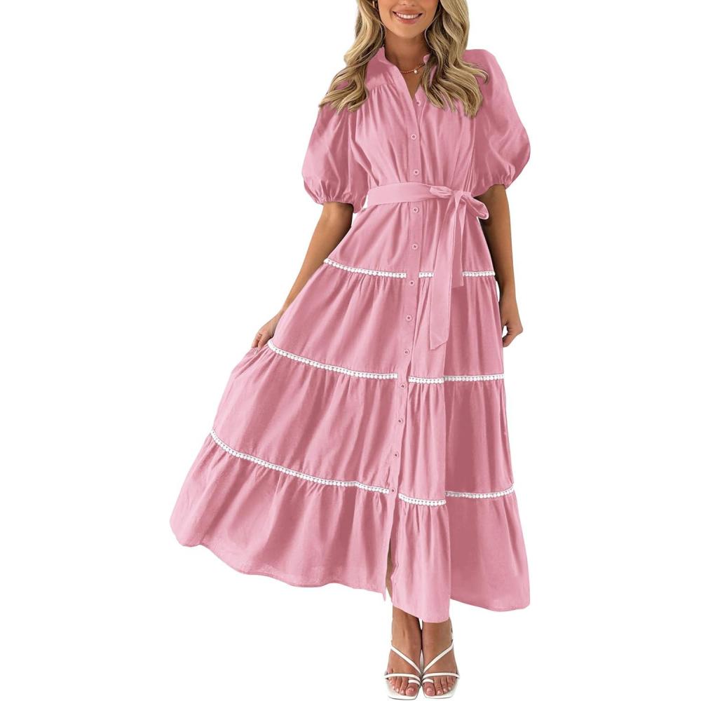 imagePRETTYGARDEN Womens Summer Button Down Shirt Dress Short Puffy Sleeve Tiered Ruffle Flowy Long Maxi DressesPink