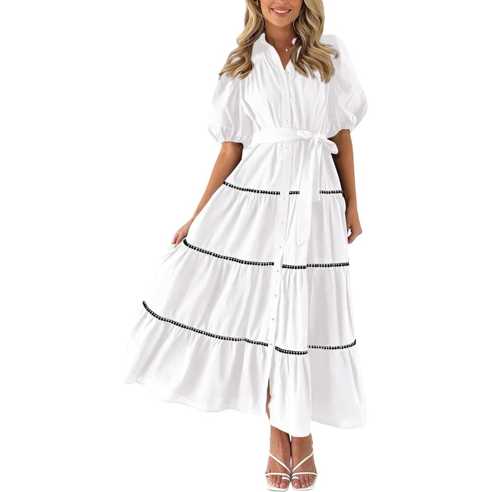 imagePRETTYGARDEN Womens Summer Button Down Shirt Dress Short Puffy Sleeve Tiered Ruffle Flowy Long Maxi DressesWhite