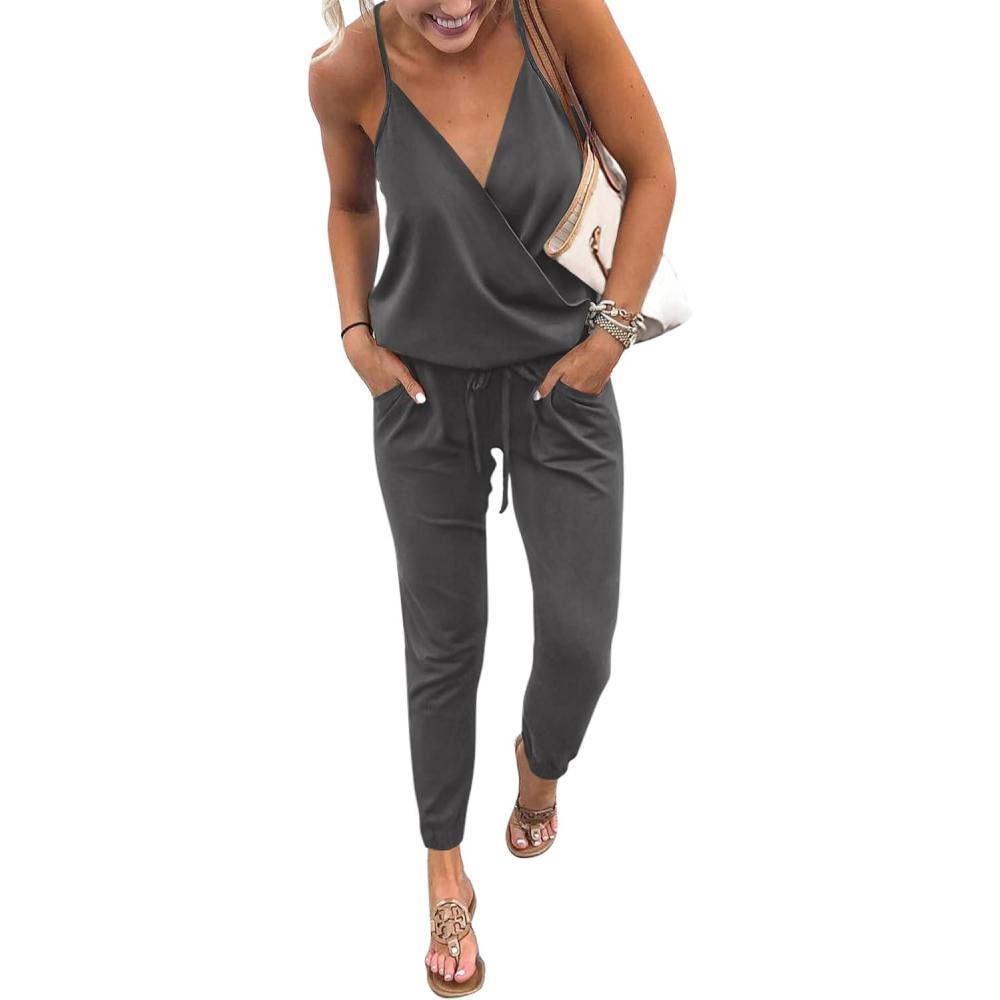 imagePRETTYGARDEN Womens Summer Casual One Piece Jumpsuits Spaghetti Strap Pants Romper 2026 Spring Vacation Resort OutfitsGrey