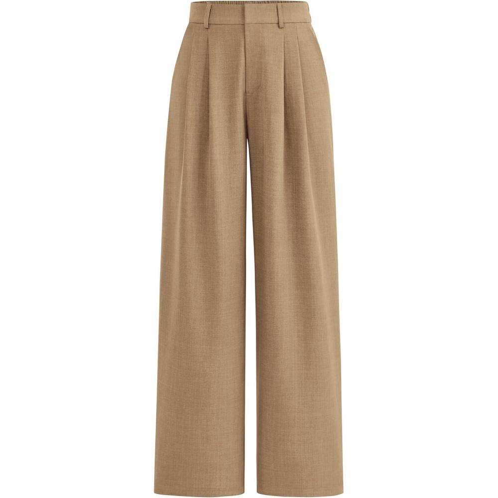 imagePRETTYGARDEN Womens Summer Elastic High Waisted Work Pants Straight Leg Dressy Business Casual Trousers Slacks PocketsKhaki