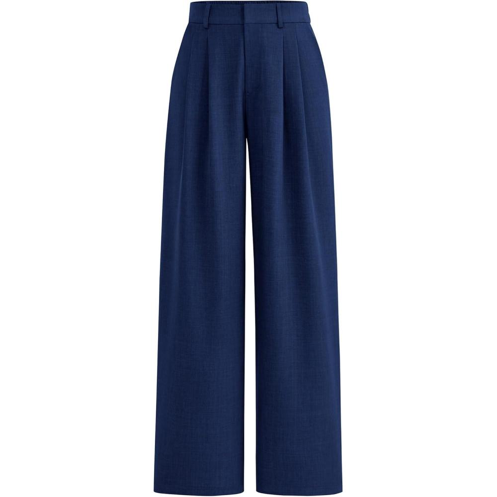 imagePRETTYGARDEN Womens Summer Elastic High Waisted Work Pants Straight Leg Dressy Business Casual Trousers Slacks PocketsNavy
