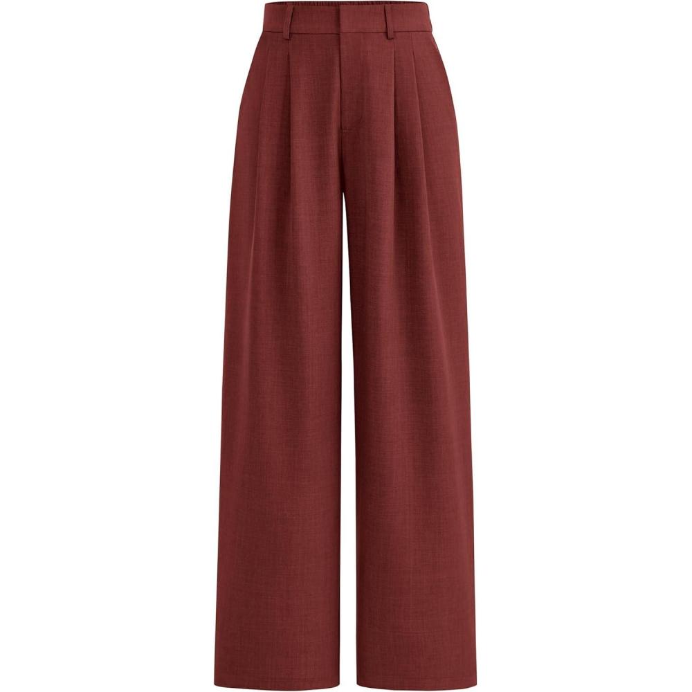 imagePRETTYGARDEN Womens Summer Elastic High Waisted Work Pants Straight Leg Dressy Business Casual Trousers Slacks PocketsRust Red