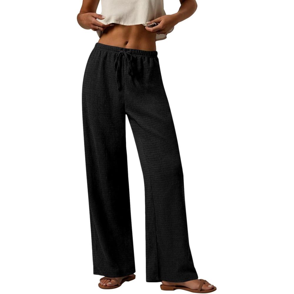 imagePRETTYGARDEN Womens Summer Elastic Waist Textured Flowy Palazzo Pants for Women Casual Wide Leg Pants Woman with PocketsBlack