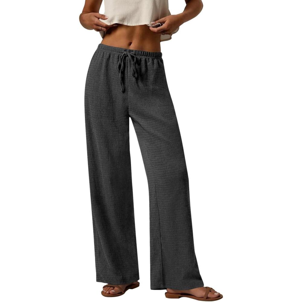 imagePRETTYGARDEN Womens Summer Elastic Waist Textured Flowy Palazzo Pants for Women Casual Wide Leg Pants Woman with PocketsGrey
