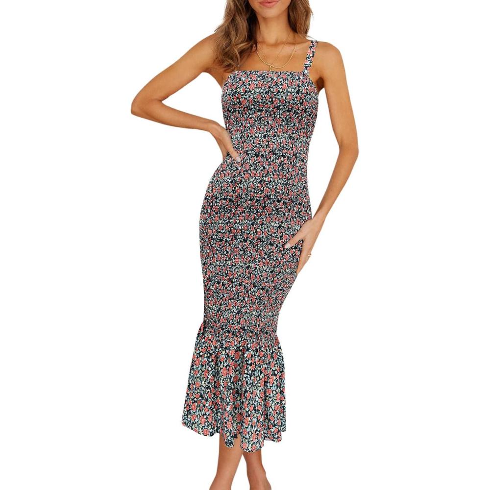 imagePRETTYGARDEN Womens Summer Floral Midi Tank Dress Sleeveless Strappy Ruffle Hem Smocked Bodycon DressesBlack Red Floral