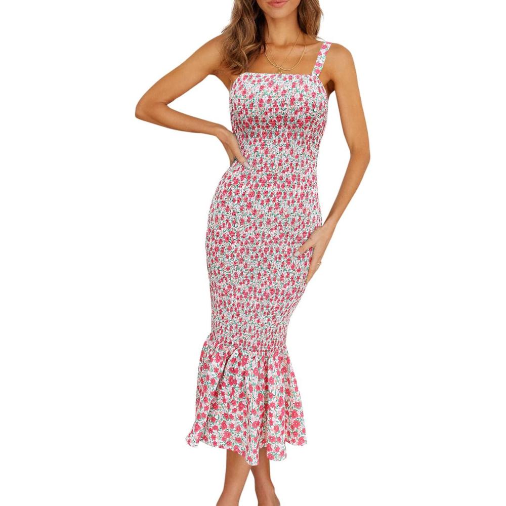 imagePRETTYGARDEN Womens Summer Floral Midi Tank Dress Sleeveless Strappy Ruffle Hem Smocked Bodycon DressesPink Red Floral
