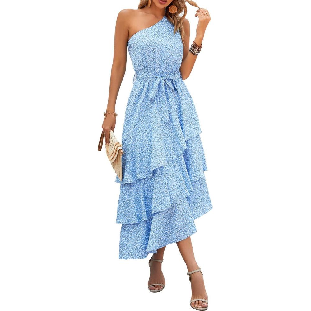 imagePRETTYGARDEN Womens Summer Floral Sundress Casual One Shoulder Tiered Ruffle Flowy Midi Beach Boho DressesFloral Light Blue