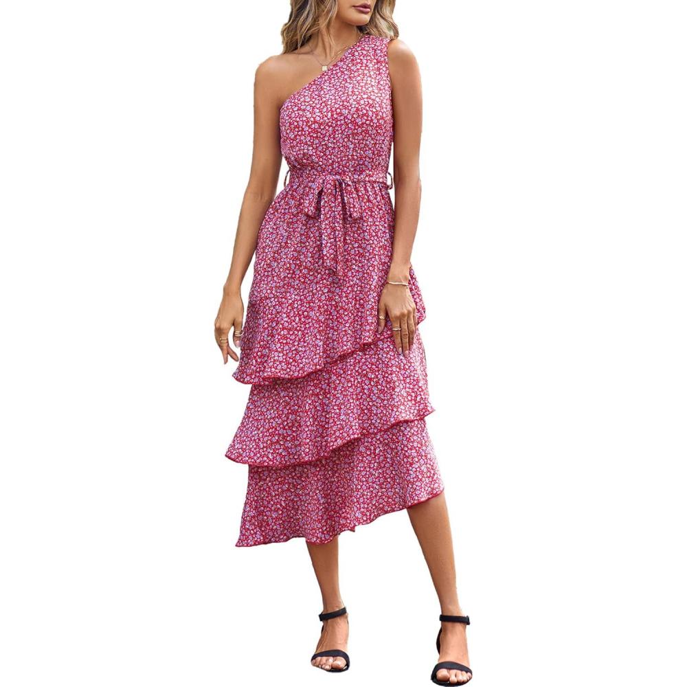 imagePRETTYGARDEN Womens Summer Floral Sundress Casual One Shoulder Tiered Ruffle Flowy Midi Beach Boho DressesFloral Red
