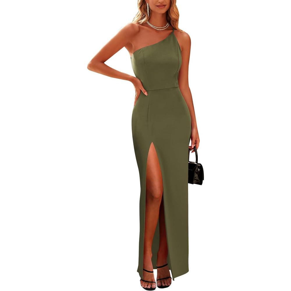 imagePRETTYGARDEN Womens Summer Formal Wedding Guest Dresses One Shoulder Spaghetti Strap High Slit Maxi Bodycon DressArmy Green