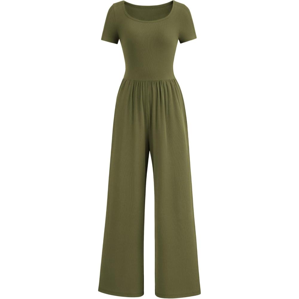 imagePRETTYGARDEN Womens Summer One Piece Jumpsuits Dressy Casual Short Sleeve Square Neck Wide Leg Rompers Travel Outfit ClothesArmy Green