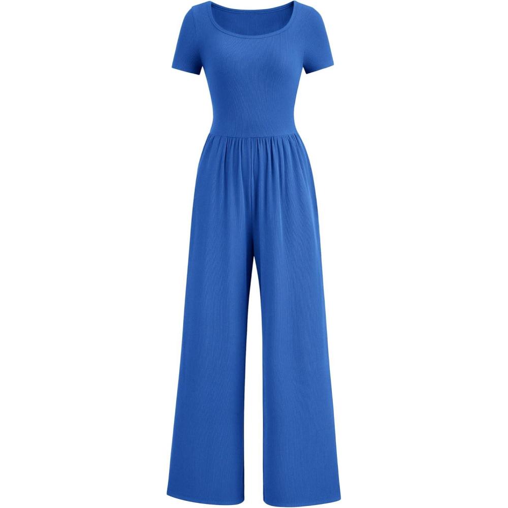 imagePRETTYGARDEN Womens Summer One Piece Jumpsuits Dressy Casual Short Sleeve Square Neck Wide Leg Rompers Travel Outfit ClothesBlue