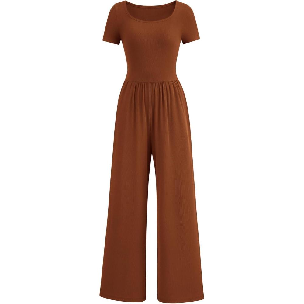 imagePRETTYGARDEN Womens Summer One Piece Jumpsuits Dressy Casual Short Sleeve Square Neck Wide Leg Rompers Travel Outfit ClothesBrown