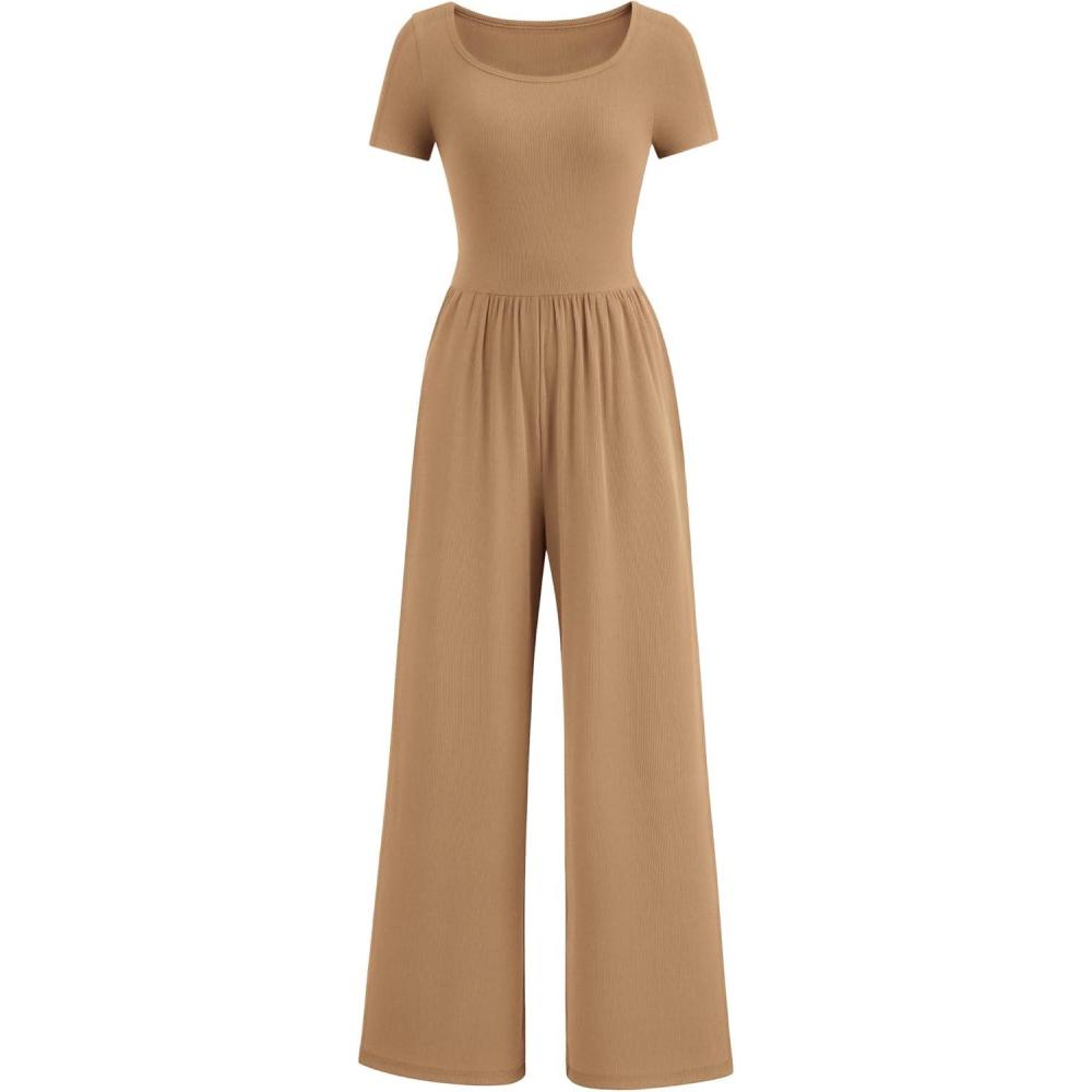 imagePRETTYGARDEN Womens Summer One Piece Jumpsuits Dressy Casual Short Sleeve Square Neck Wide Leg Rompers Travel Outfit ClothesCamel