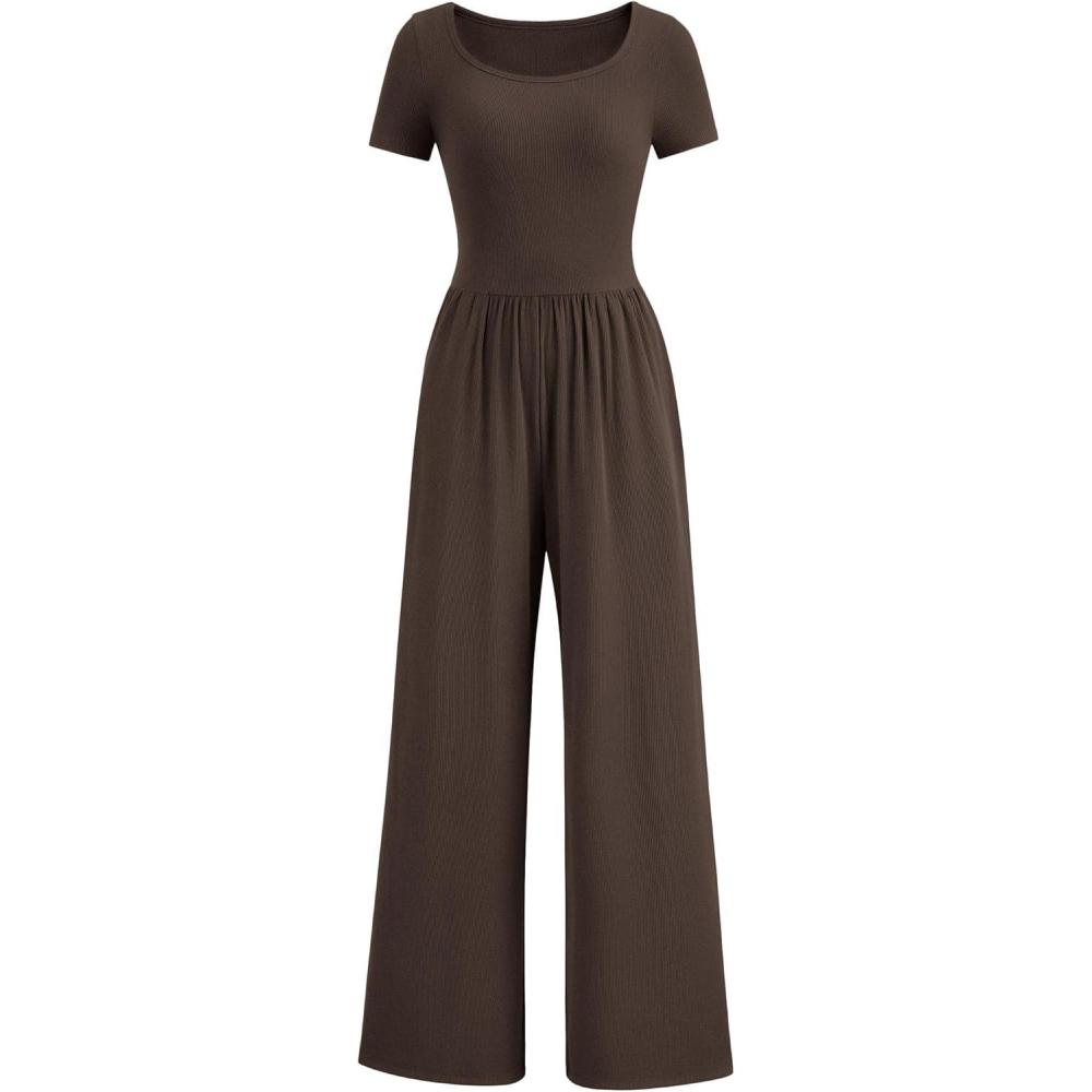 imagePRETTYGARDEN Womens Summer One Piece Jumpsuits Dressy Casual Short Sleeve Square Neck Wide Leg Rompers Travel Outfit ClothesCoffee