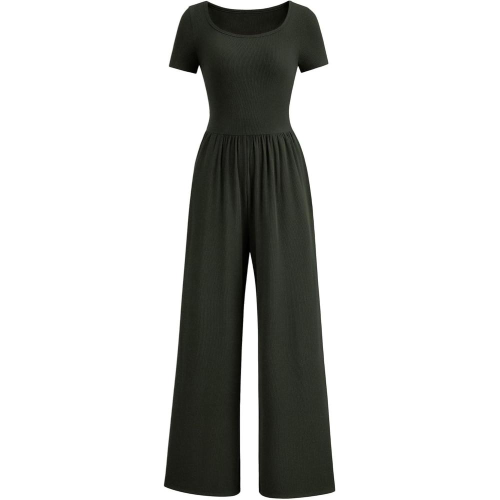 imagePRETTYGARDEN Womens Summer One Piece Jumpsuits Dressy Casual Short Sleeve Square Neck Wide Leg Rompers Travel Outfit ClothesDark Army Green