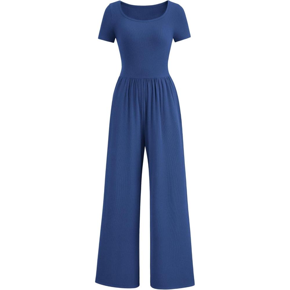 imagePRETTYGARDEN Womens Summer One Piece Jumpsuits Dressy Casual Short Sleeve Square Neck Wide Leg Rompers Travel Outfit ClothesDark Blue