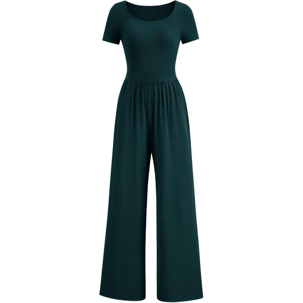 imagePRETTYGARDEN Womens Summer One Piece Jumpsuits Dressy Casual Short Sleeve Square Neck Wide Leg Rompers Travel Outfit ClothesDark Green