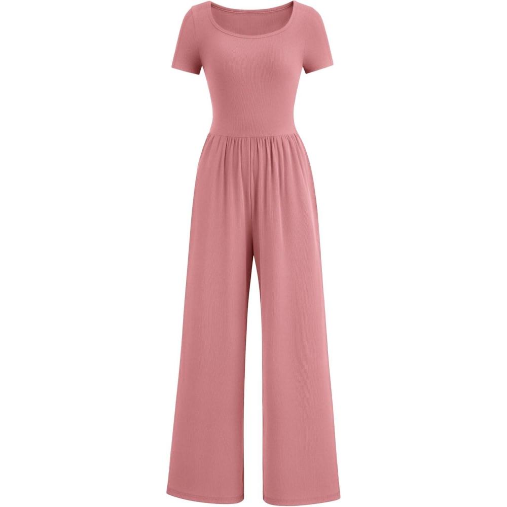 imagePRETTYGARDEN Womens Summer One Piece Jumpsuits Dressy Casual Short Sleeve Square Neck Wide Leg Rompers Travel Outfit ClothesDusty Pink