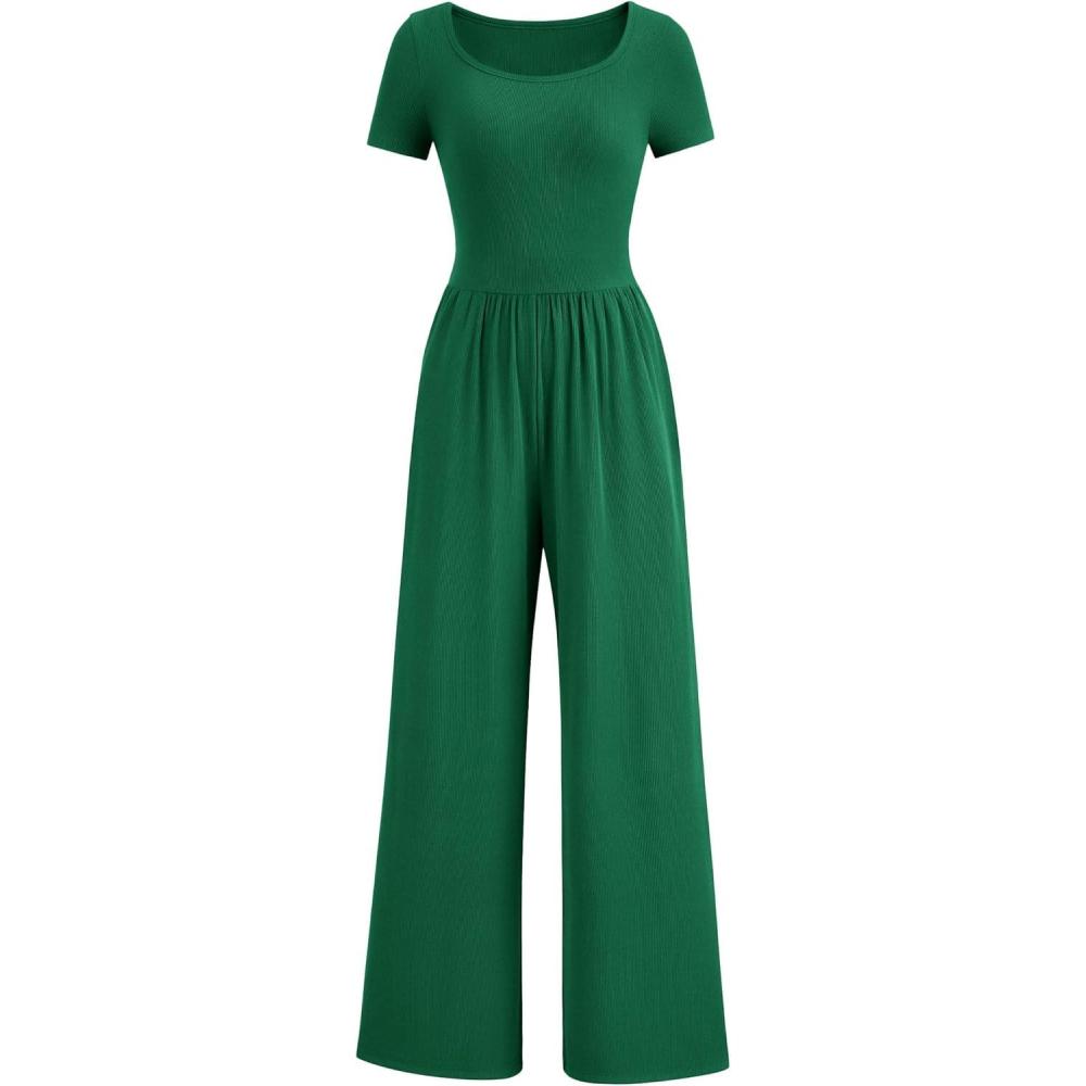 imagePRETTYGARDEN Womens Summer One Piece Jumpsuits Dressy Casual Short Sleeve Square Neck Wide Leg Rompers Travel Outfit ClothesGreen