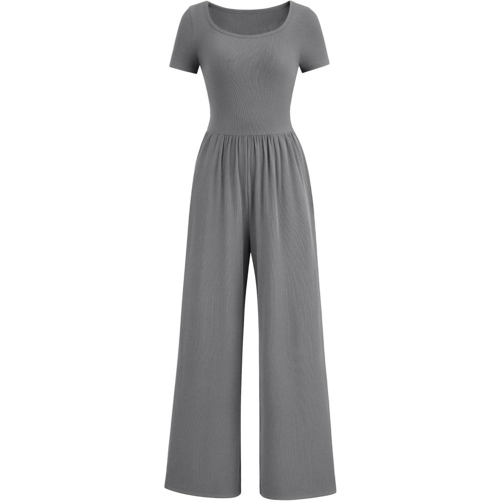 imagePRETTYGARDEN Womens Summer One Piece Jumpsuits Dressy Casual Short Sleeve Square Neck Wide Leg Rompers Travel Outfit ClothesGrey