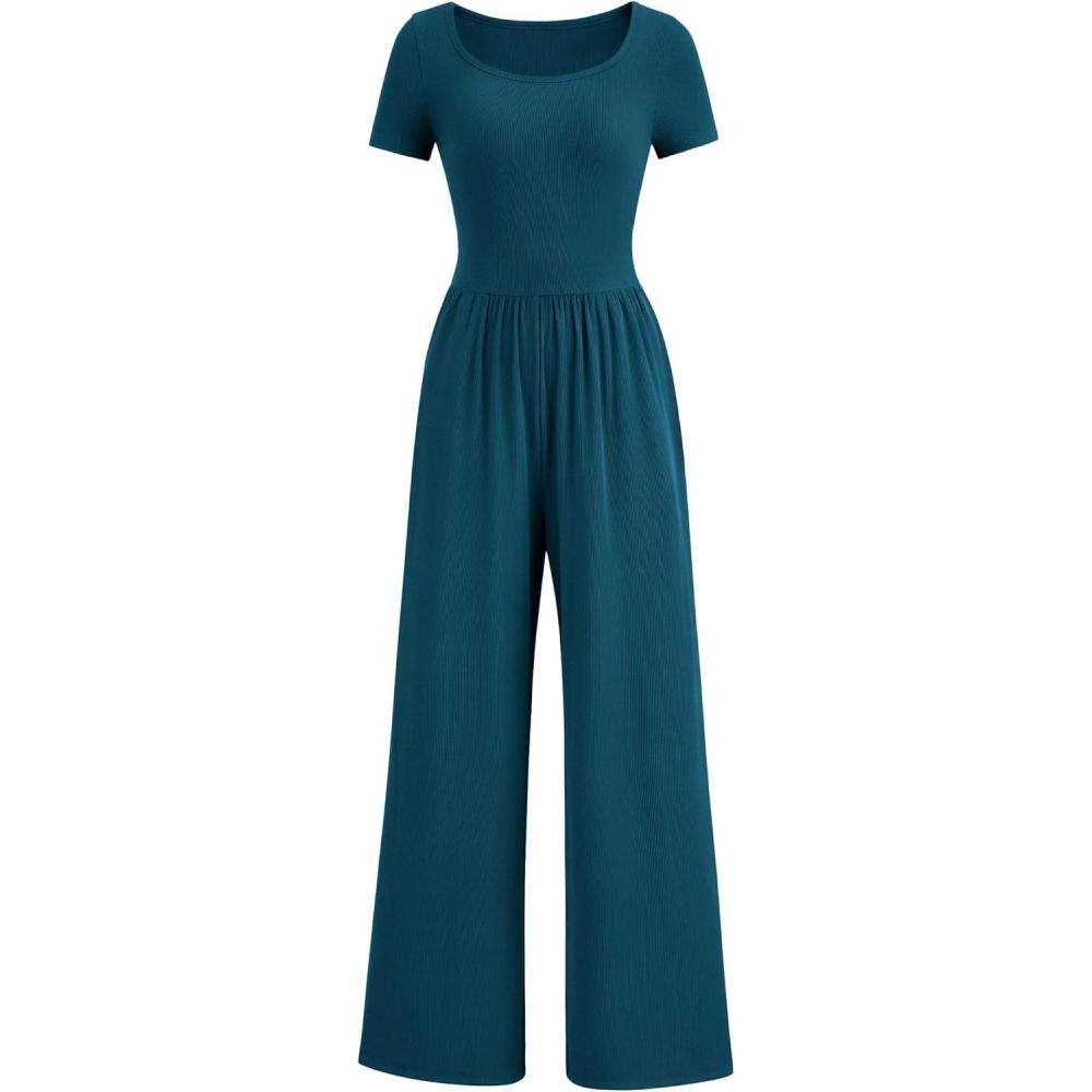 imagePRETTYGARDEN Womens Summer One Piece Jumpsuits Dressy Casual Short Sleeve Square Neck Wide Leg Rompers Travel Outfit ClothesLake Blue