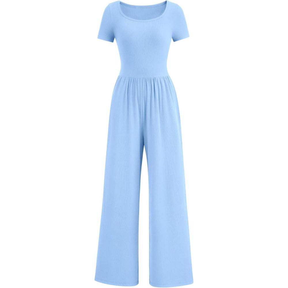 imagePRETTYGARDEN Womens Summer One Piece Jumpsuits Dressy Casual Short Sleeve Square Neck Wide Leg Rompers Travel Outfit ClothesLight Blue