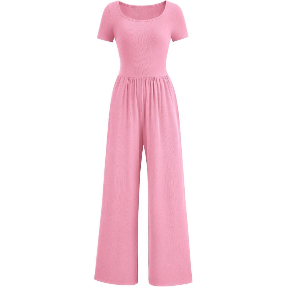 imagePRETTYGARDEN Womens Summer One Piece Jumpsuits Dressy Casual Short Sleeve Square Neck Wide Leg Rompers Travel Outfit ClothesLight Pink