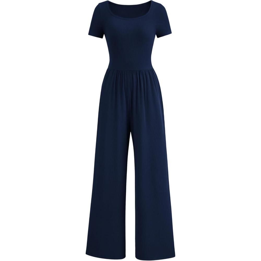 imagePRETTYGARDEN Womens Summer One Piece Jumpsuits Dressy Casual Short Sleeve Square Neck Wide Leg Rompers Travel Outfit ClothesNavy
