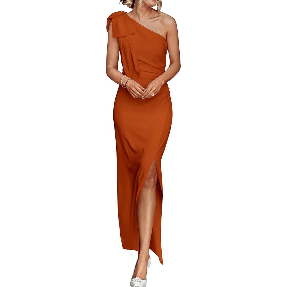 imagePRETTYGARDEN Womens Summer One Shoulder Long Formal Dresses Sleeveless Ruched Bodycon Wedding Guest Slit Maxi DressBrown