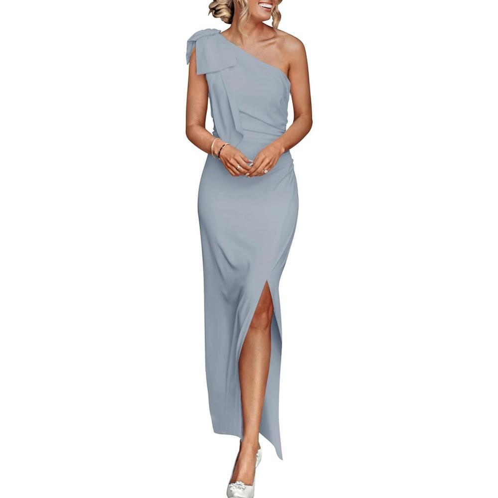 imagePRETTYGARDEN Womens Summer One Shoulder Long Formal Dresses Sleeveless Ruched Bodycon Wedding Guest Slit Maxi DressGrey Blue