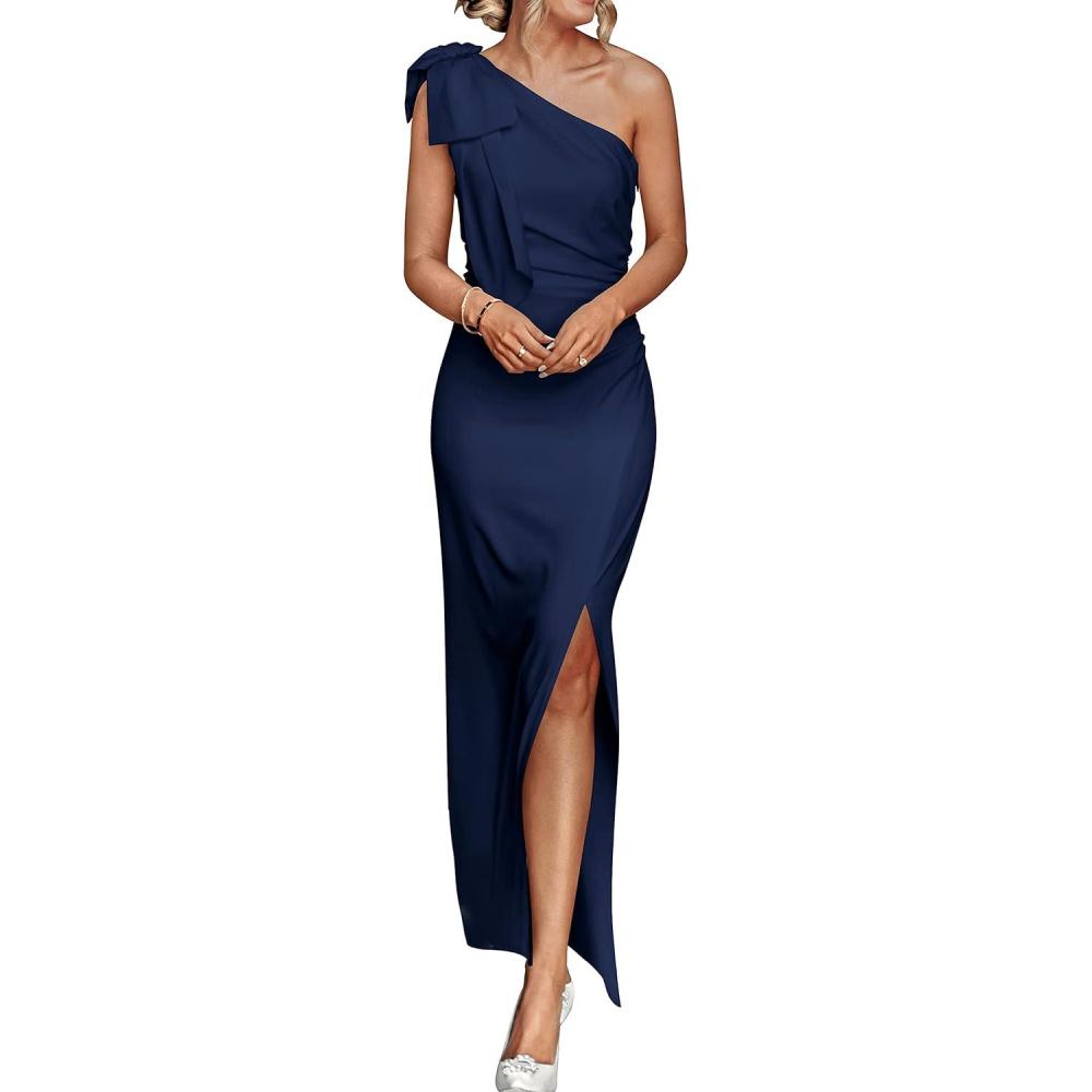 imagePRETTYGARDEN Womens Summer One Shoulder Long Formal Dresses Sleeveless Ruched Bodycon Wedding Guest Slit Maxi DressNavy