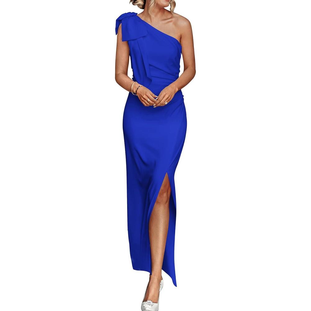 imagePRETTYGARDEN Womens Summer One Shoulder Long Formal Dresses Sleeveless Ruched Bodycon Wedding Guest Slit Maxi DressRoyal Blue