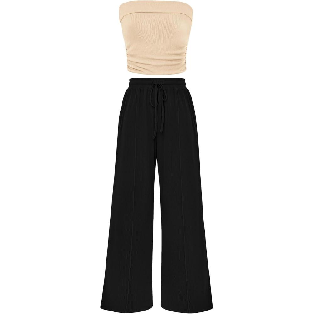imagePRETTYGARDEN Womens Summer Outfits 2 Piece Sets Casual Ribbed Knit Crop Tube Top Wide Leg Pants Spring Matching Lounge SetApricot Black