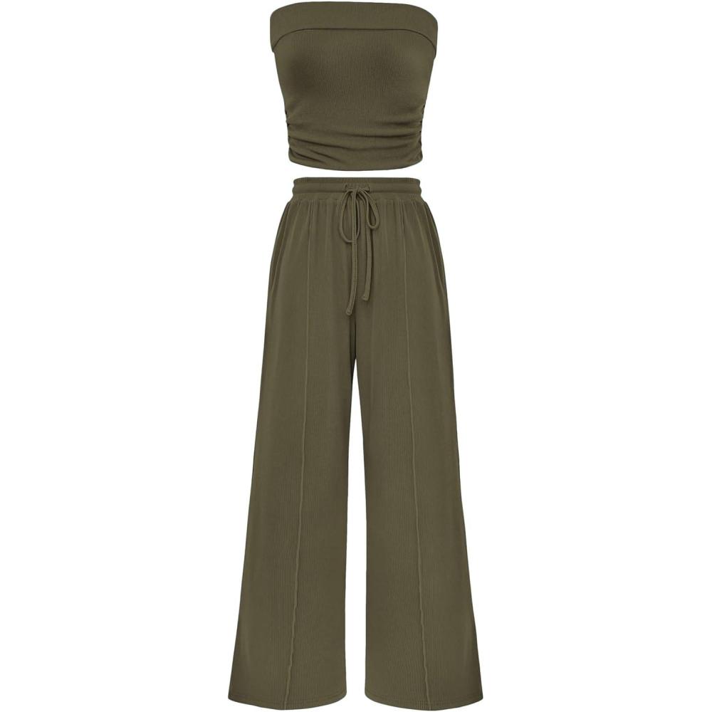 imagePRETTYGARDEN Womens Summer Outfits 2 Piece Sets Casual Ribbed Knit Crop Tube Top Wide Leg Pants Spring Matching Lounge SetArmy Green