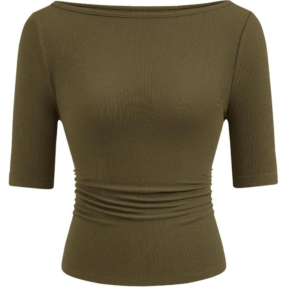 imagePRETTYGARDEN Womens Summer Short Sleeve Tops Boat Neck Ribbed Knit Slim Fit T Shirt Casual Basic Top 2026 Spring ClothesArmy Green