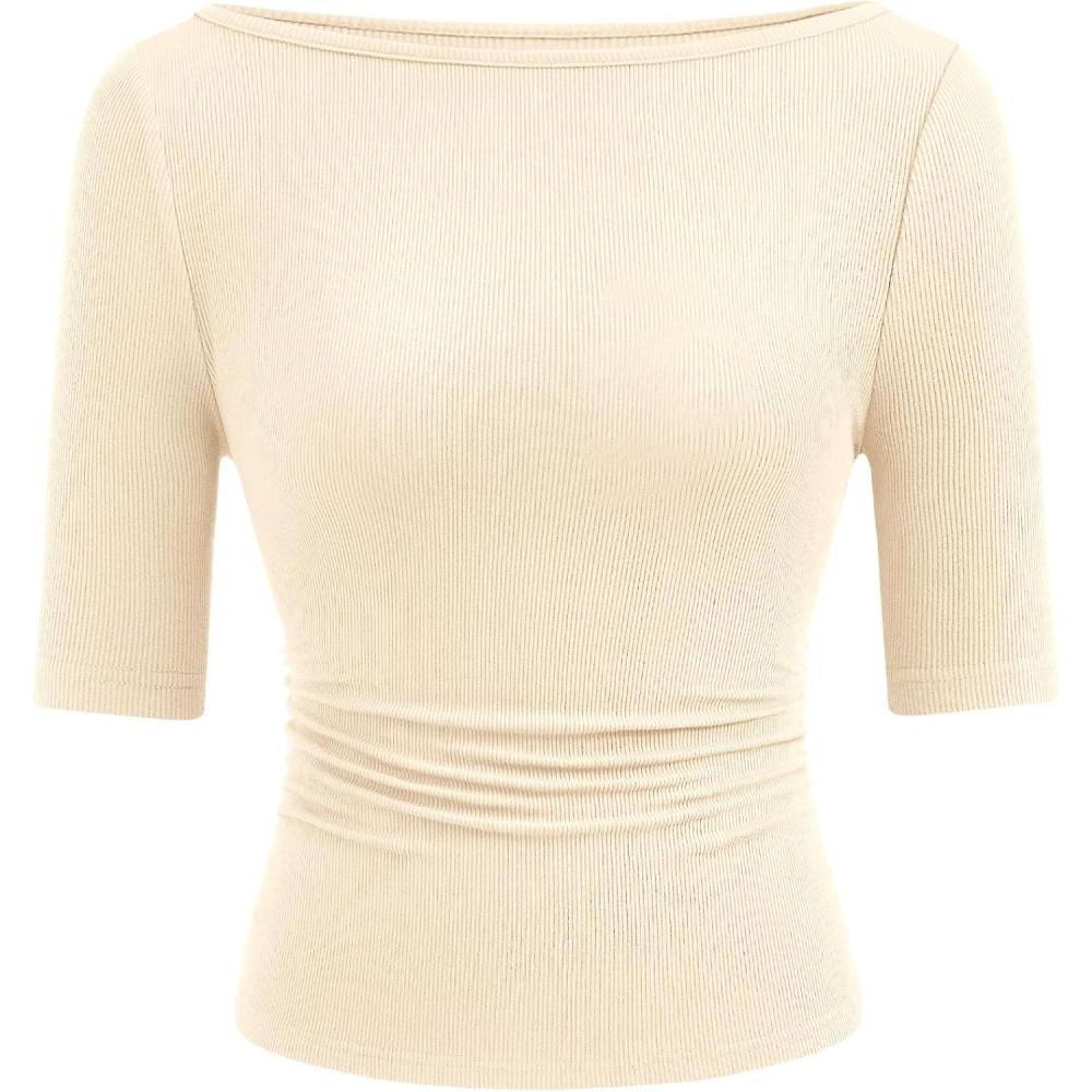 imagePRETTYGARDEN Womens Summer Short Sleeve Tops Boat Neck Ribbed Knit Slim Fit T Shirt Casual Basic Top 2026 Spring ClothesBeige