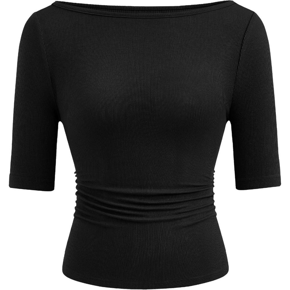 imagePRETTYGARDEN Womens Summer Short Sleeve Tops Boat Neck Ribbed Knit Slim Fit T Shirt Casual Basic Top 2026 Spring ClothesBlack