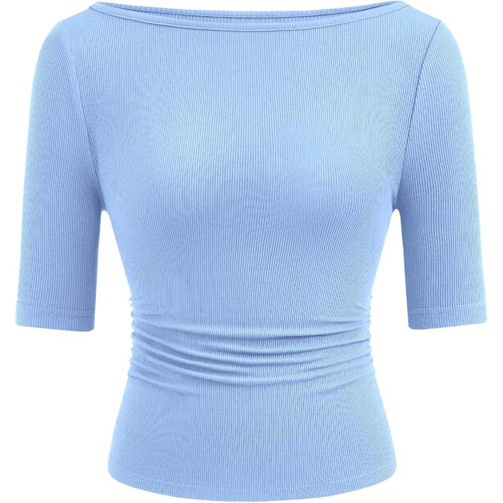 imagePRETTYGARDEN Womens Summer Short Sleeve Tops Boat Neck Ribbed Knit Slim Fit T Shirt Casual Basic Top 2026 Spring ClothesLight Blue