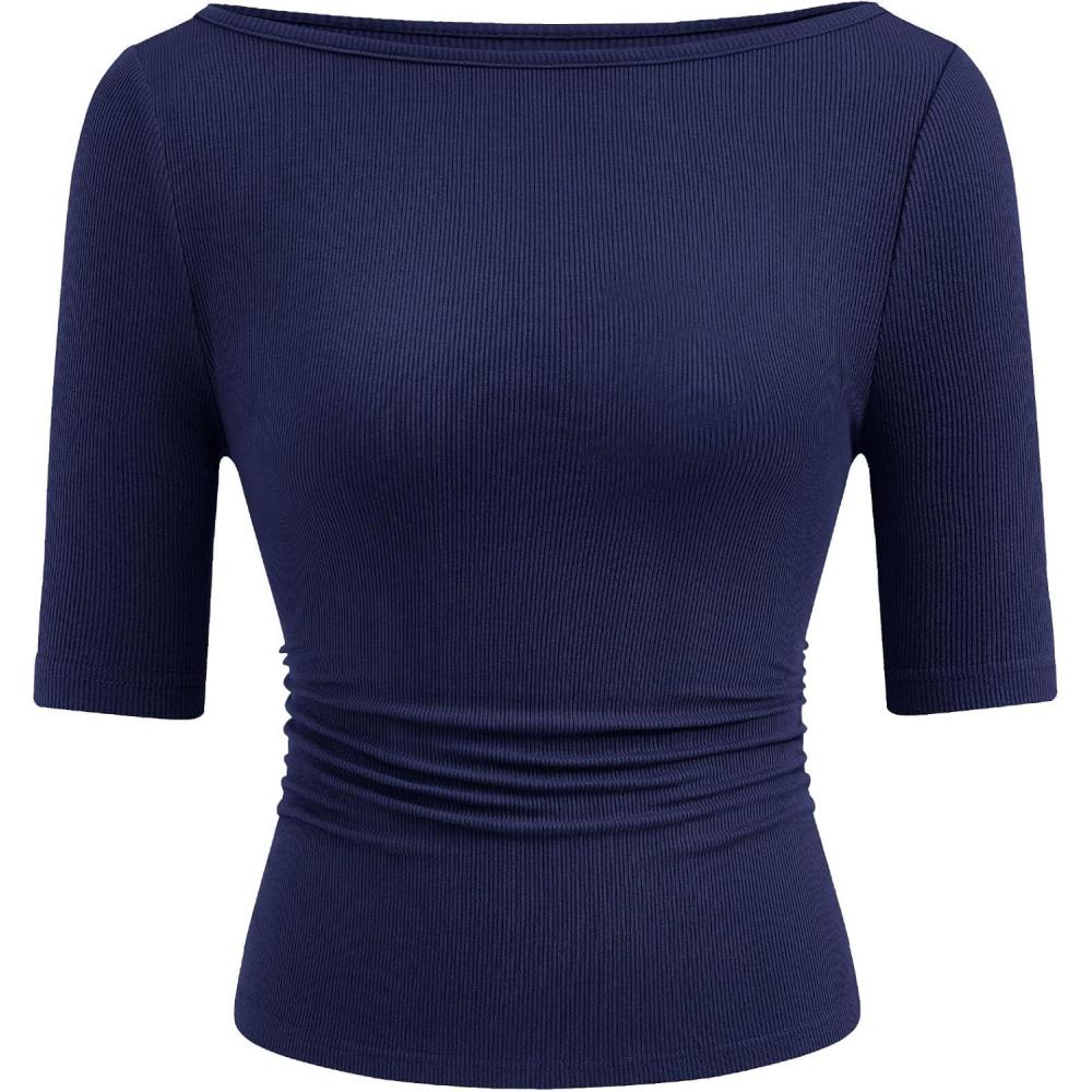 imagePRETTYGARDEN Womens Summer Short Sleeve Tops Boat Neck Ribbed Knit Slim Fit T Shirt Casual Basic Top 2026 Spring ClothesNavy Blue