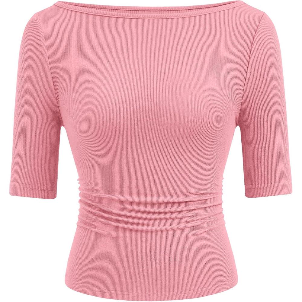 imagePRETTYGARDEN Womens Summer Short Sleeve Tops Boat Neck Ribbed Knit Slim Fit T Shirt Casual Basic Top 2026 Spring ClothesPink