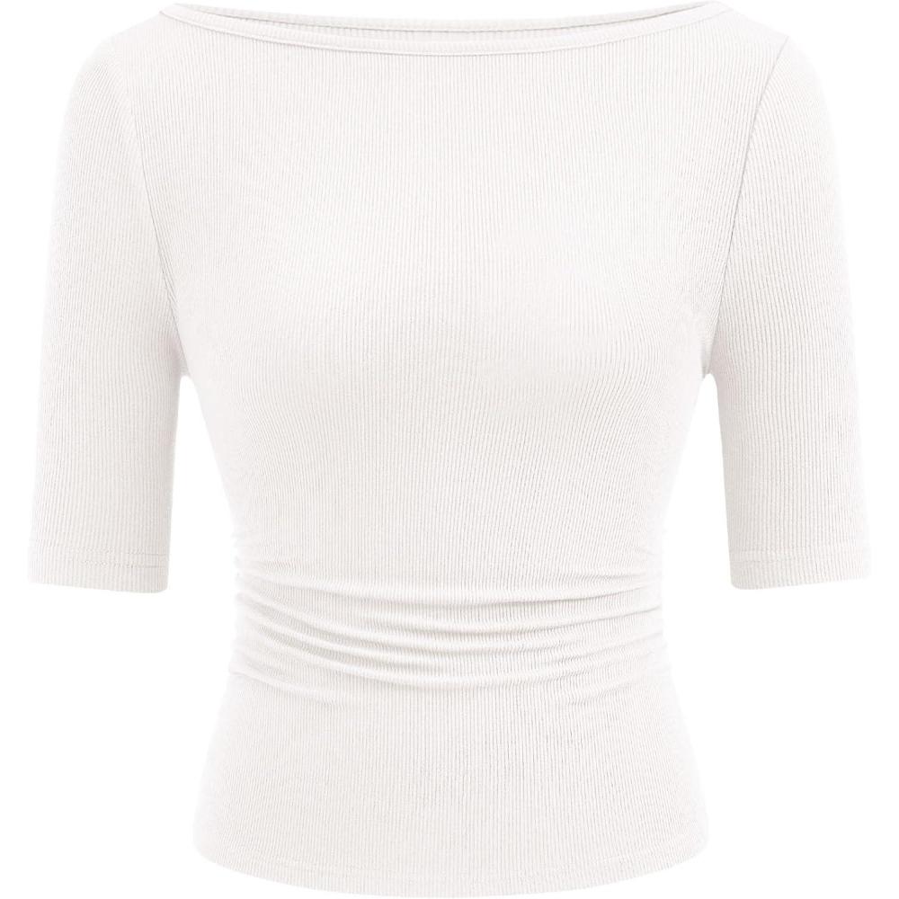 imagePRETTYGARDEN Womens Summer Short Sleeve Tops Boat Neck Ribbed Knit Slim Fit T Shirt Casual Basic Top 2026 Spring ClothesWhite