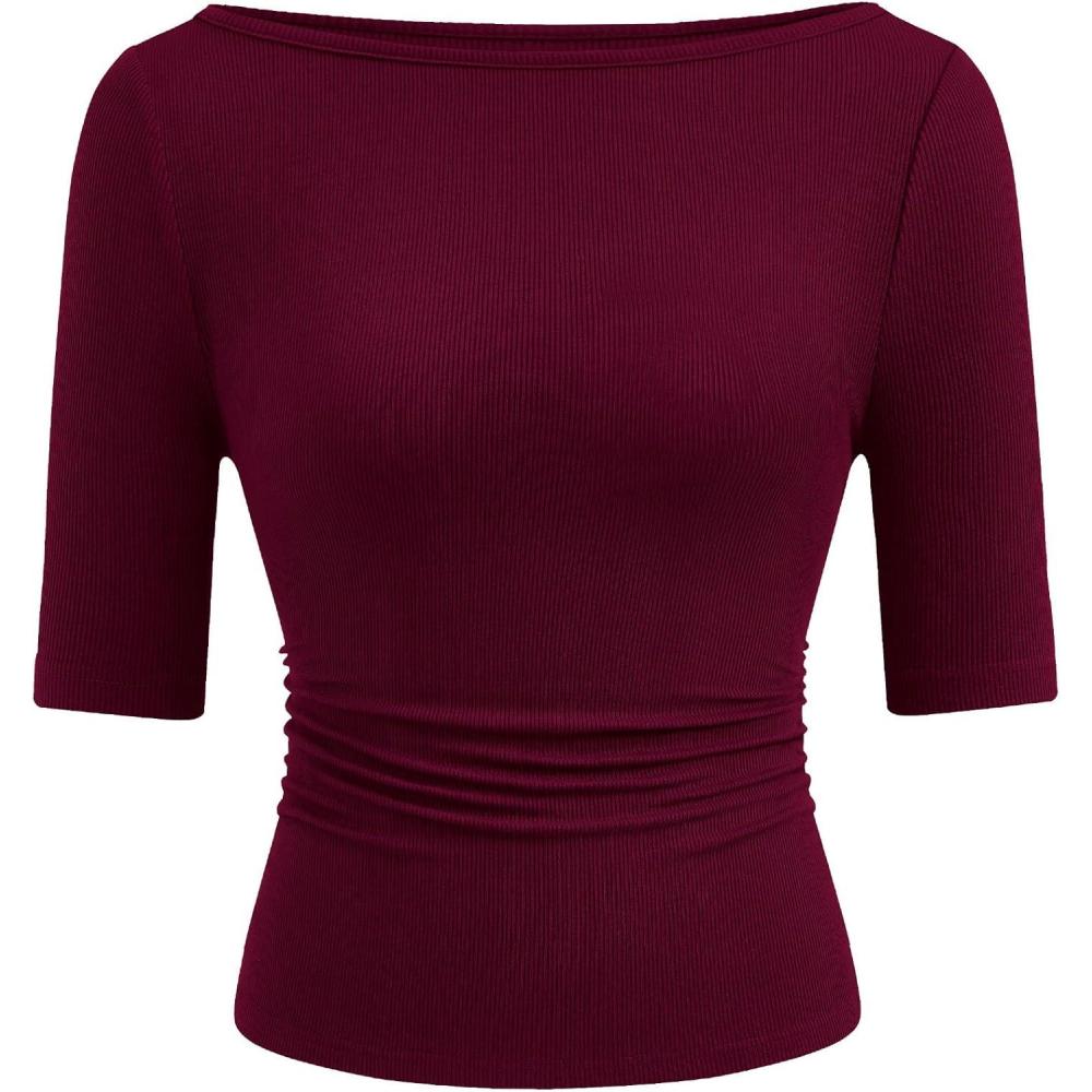 imagePRETTYGARDEN Womens Summer Short Sleeve Tops Boat Neck Ribbed Knit Slim Fit T Shirt Casual Basic Top 2026 Spring ClothesWine Red