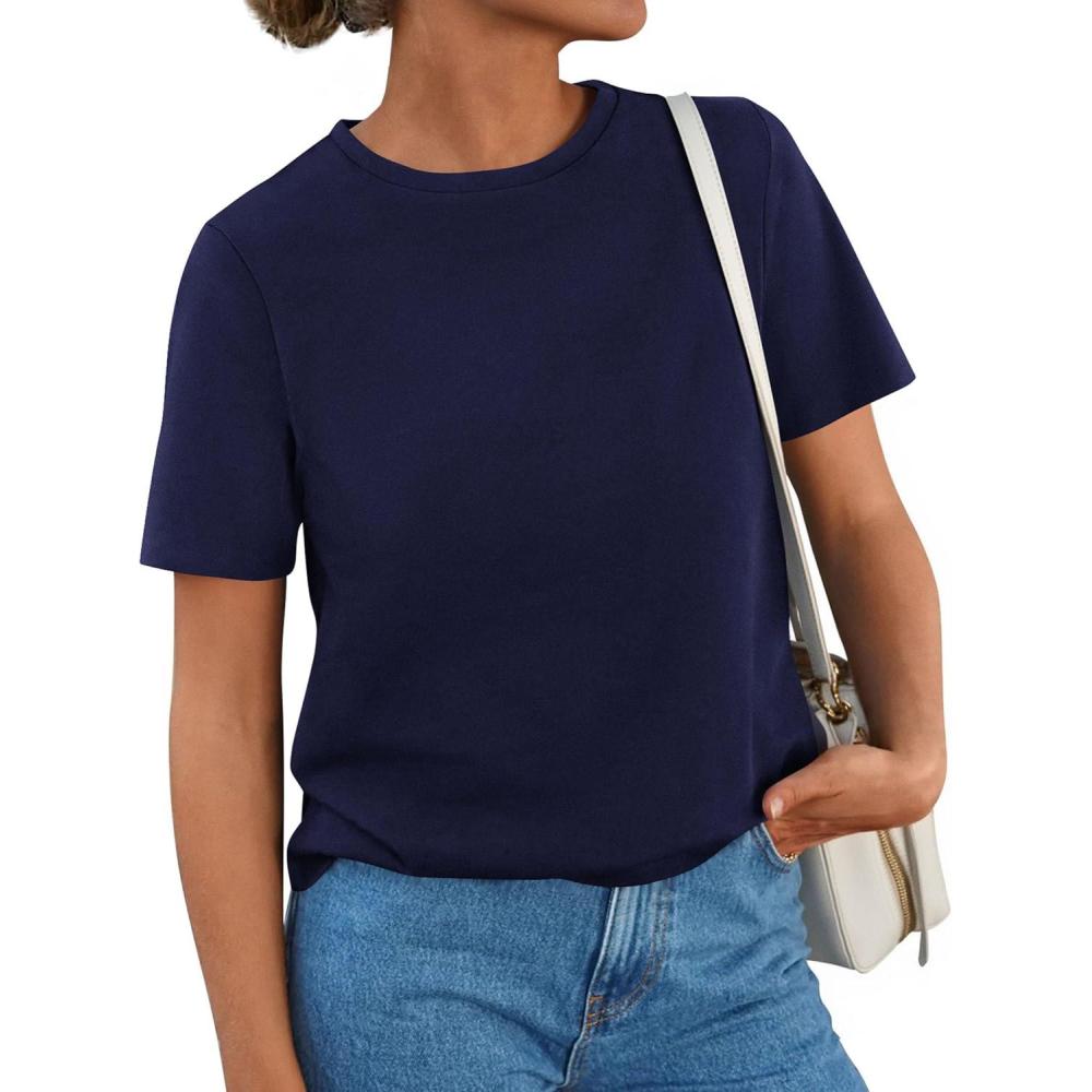 imagePRETTYGARDEN Womens Summer Tops 2026 Casual Basic Crewneck Short Sleeve Shirts Spring Fashion Clothing Going Out OutfitsNavy